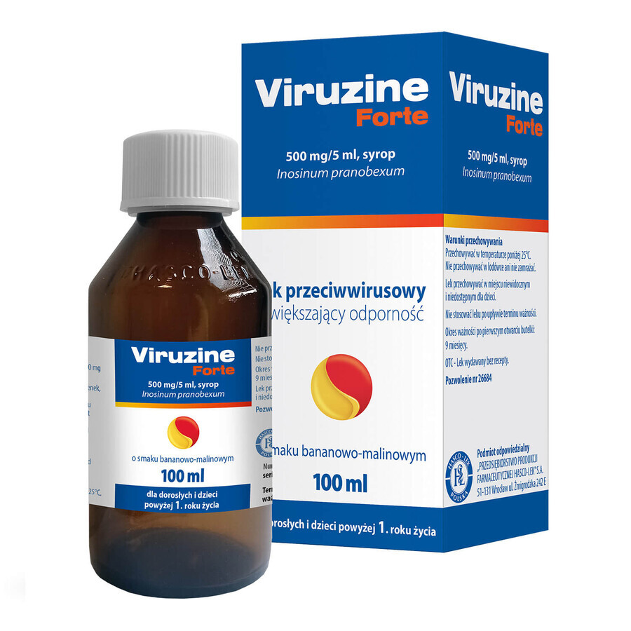 Viruzine Forte 500 mg/ 5 ml, Sirup für Erwachsene und Kinder ab 1 Jahr, Geschmack: Banane-Himbeere, 100 ml