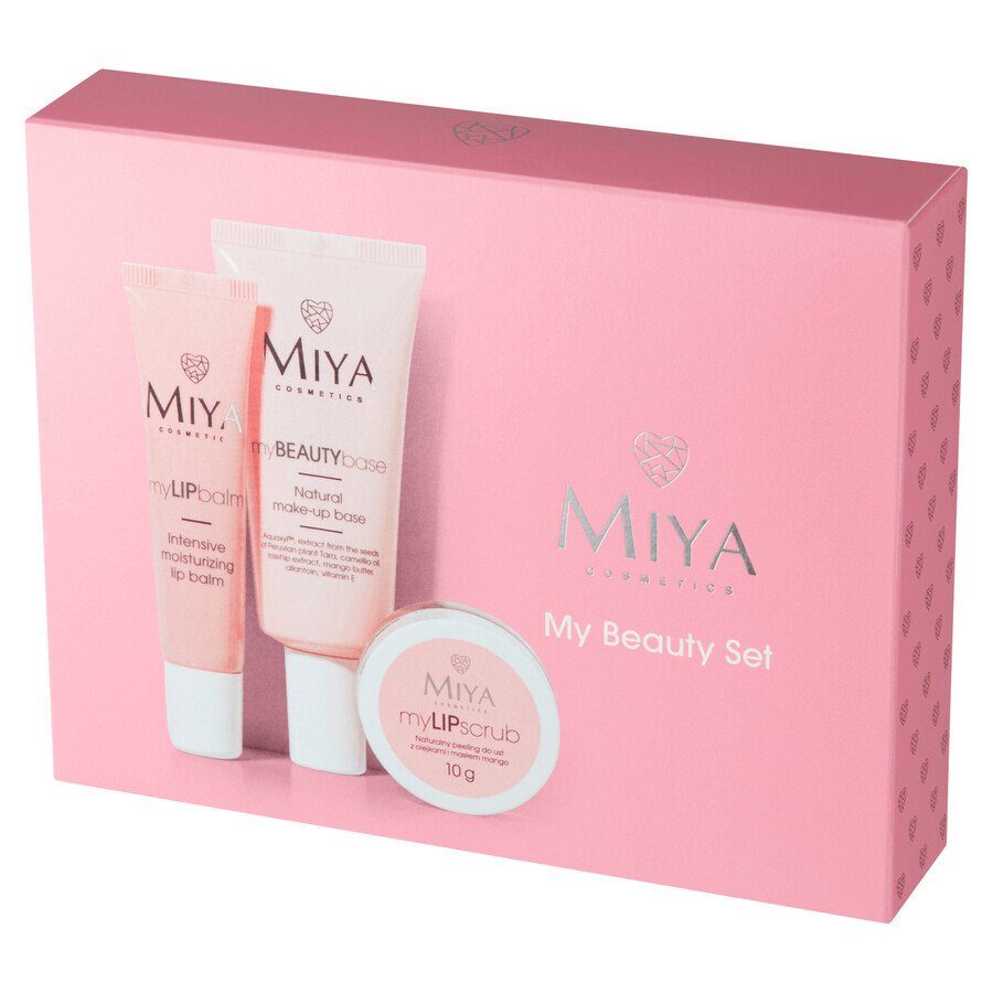 Miya My Beauty Set, myLIPscrub, natürliches Lippenpeeling, 10 g + myLIPbalm, intensiv feuchtigkeitsspendender Lippenbalsam, 15 g + myBEAUTYbase, natürliche Make-up-Unterlage, 30 ml