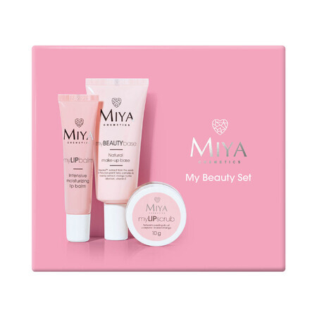 Miya My Beauty Set, myLIPscrub, natürliches Lippenpeeling, 10 g + myLIPbalm, intensiv feuchtigkeitsspendender Lippenbalsam, 15 g + myBEAUTYbase, natürliche Make-up-Unterlage, 30 ml