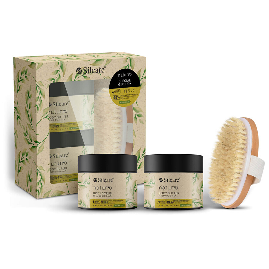 Set Silcare Naturro, scrub per il corpo, 150 ml + burro per il corpo, 150 ml + spazzola per il massaggio del corpo