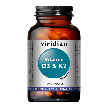 Viridian Vitamina D3 + K2 Vegan, vitamina D 1000 UI + vitamina K 45 µg, 90 capsule