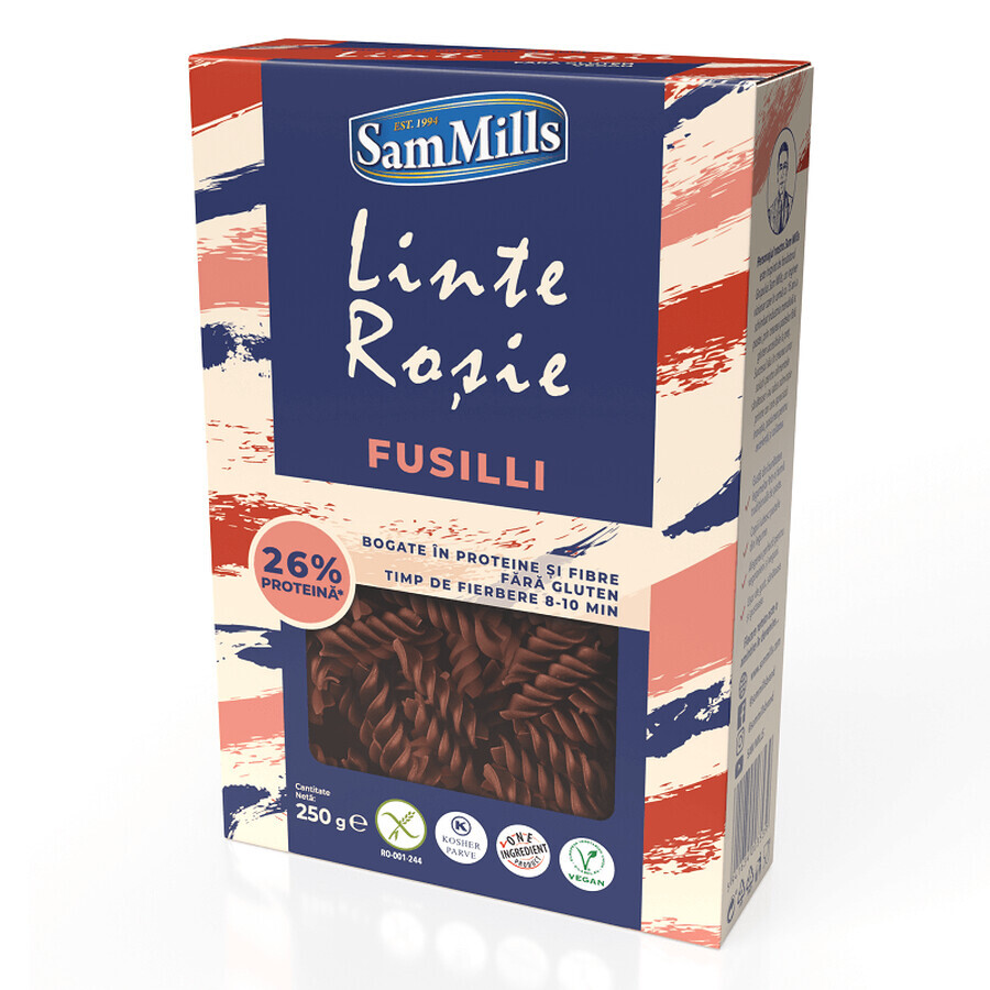 Pâtes fusilli sans gluten aux lentilles rouges, 250 g, Sam Mills