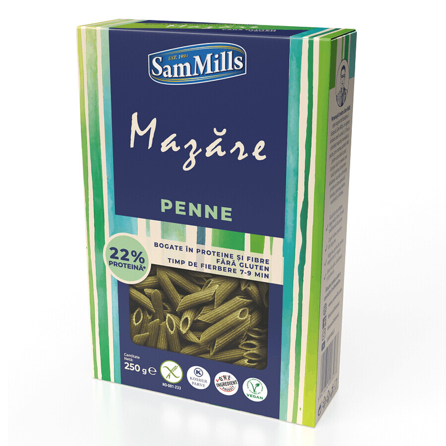 Paste penne fără gluten, din mazăre, 250 g, Sam Mills 