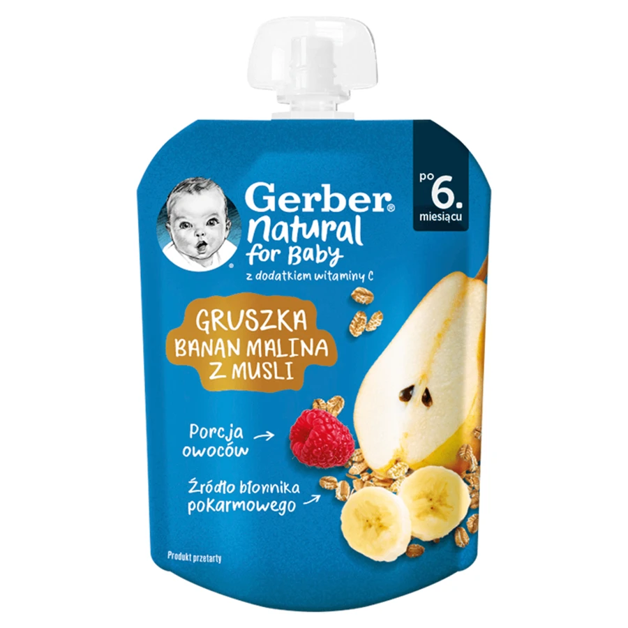 Gerber Desert în tub, pere, banane, zmeură cu muesli, după 6 luni, 80 g