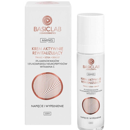 BasicLab Aminis, crema de día revitalizante activa para rostro, cuello y escote, con aminoácidos 5%, tensora y rellenadora, 50 ml