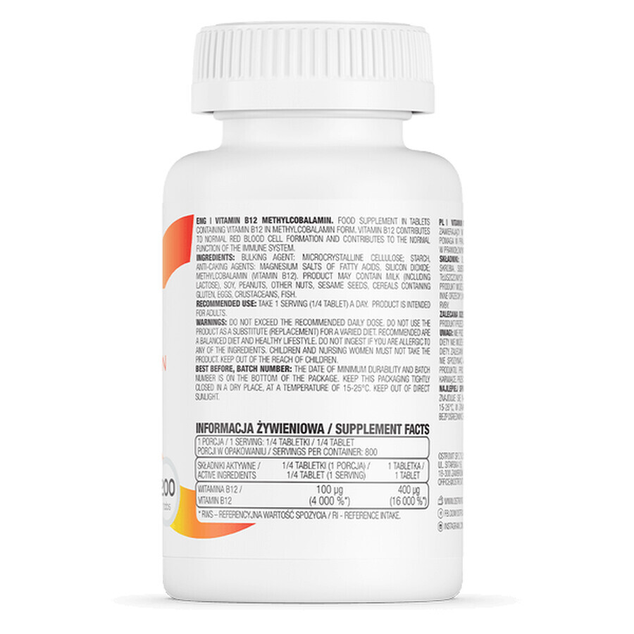 OstroVit Vitamin B12 Methylcobalamin, Vitamin B12 400 µg, 200 Tabletten