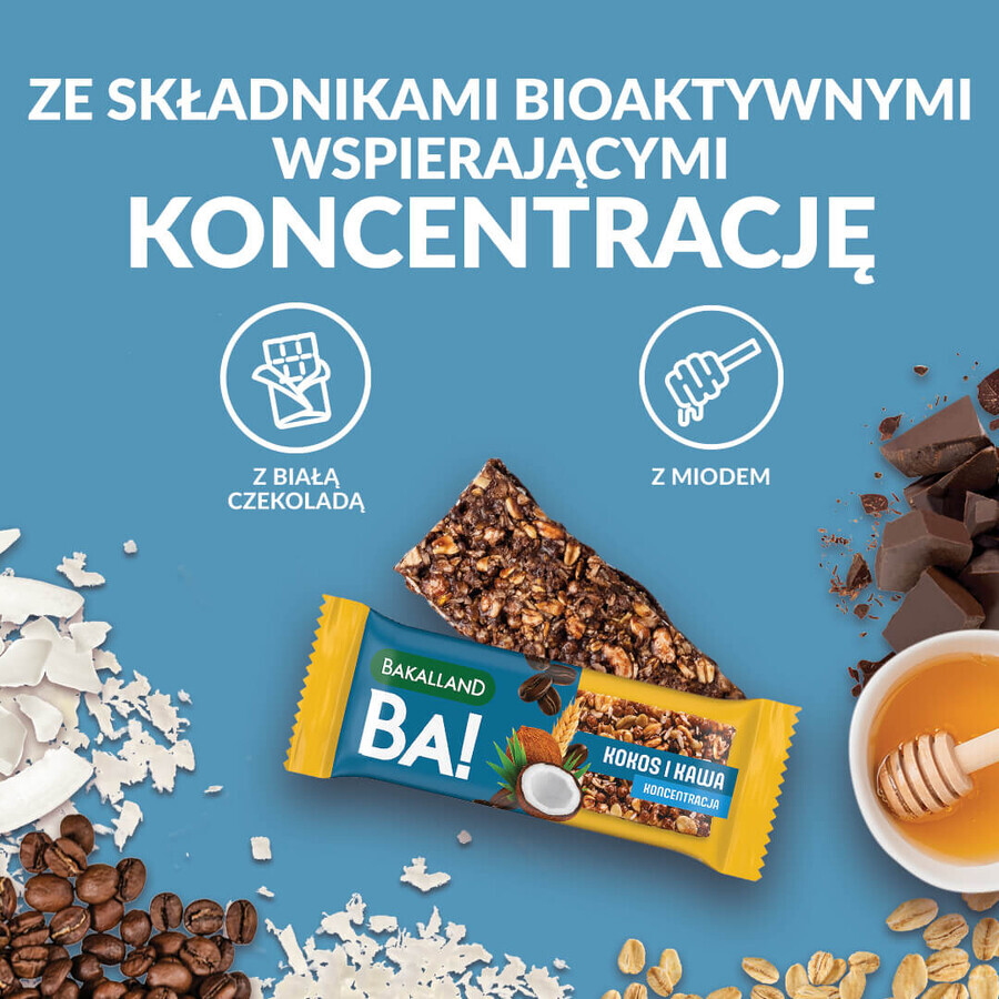 Bakalland BA! Batoane de cereale, nucă de cocos și cafea, concentrare, 35 g