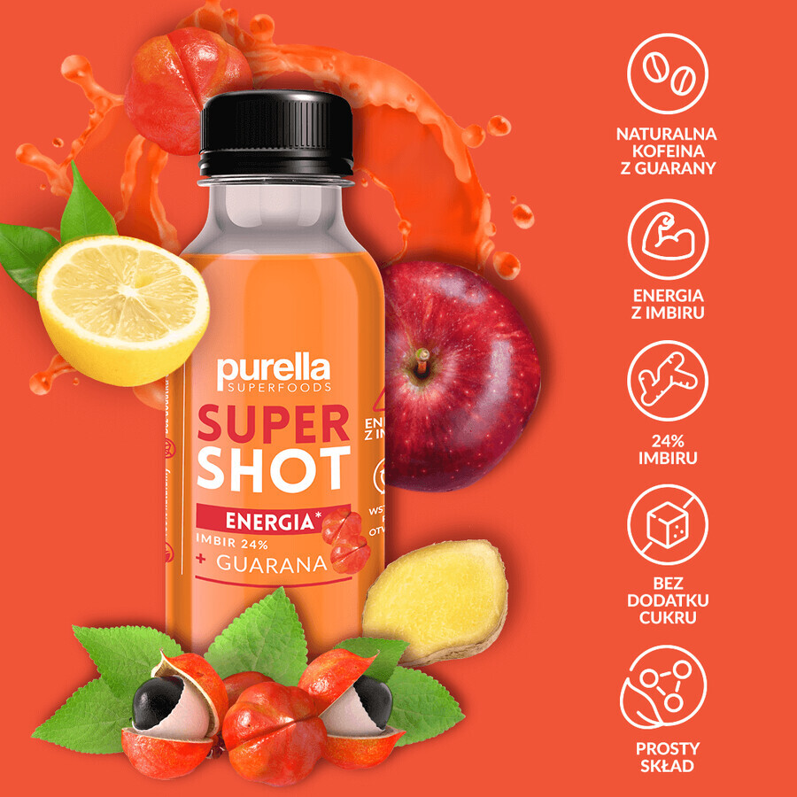 Purella Superfoods SuperShot Energy, still drink, gember + guarana, 100 ml