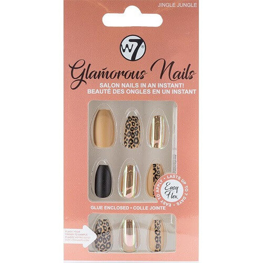 Set of 24 false nails, W7, Glamorous Nails, Jingle Jungle, Adhesive included