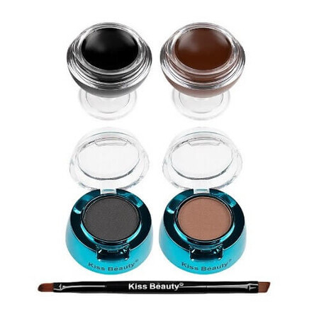 Eyebrow Kit, Kiss Beauty, Fit Eye Durable, 2 Eyebrow Gel, 2 Eyeshadow, Brush, Black-Brown