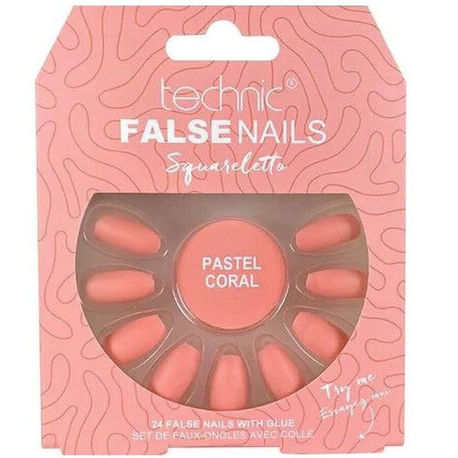 Set of 24 false nails, with glue included, Technic, False Nails, Squareletto, Pastel Coral