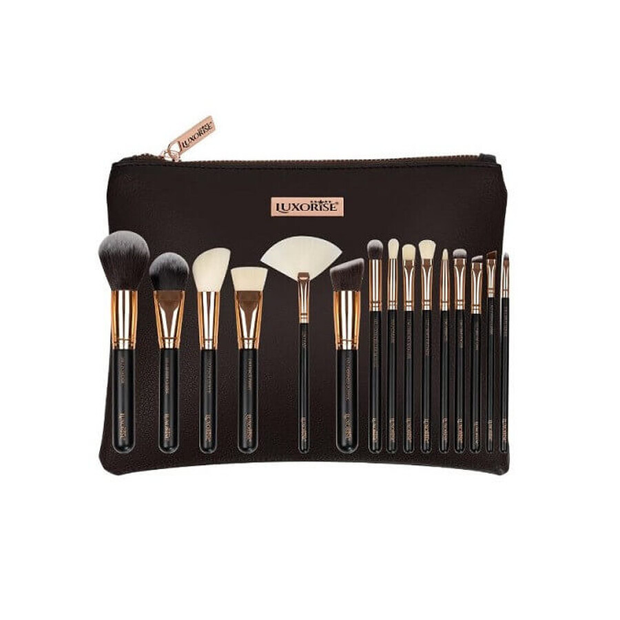 Set di 15 pennelli per il trucco, Luxorise, oro, borsa inclusa