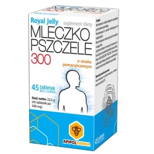 Apipol Farma Royal Jelly Mleczko Pszczele 300, bez cukru, smak pomarańczowy, 45 tabletek