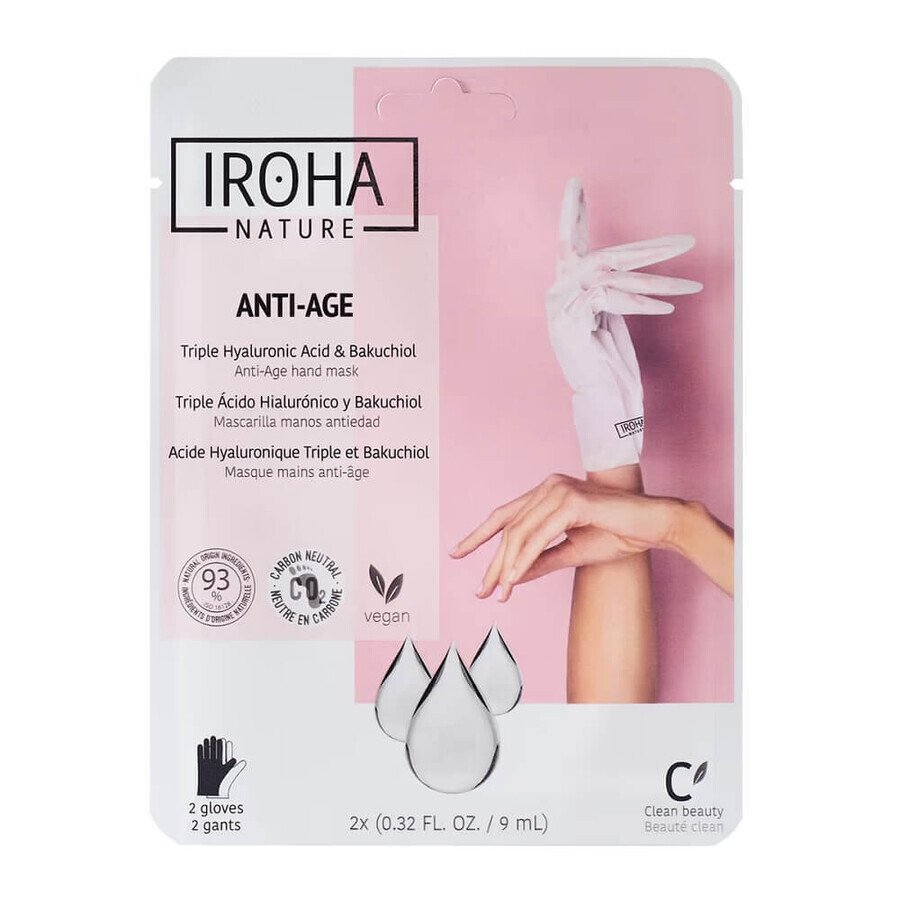 Iroha Nature Maschera mani antietà per rk Triplo acido ialuronico e bakuchiolo, 2x9ml