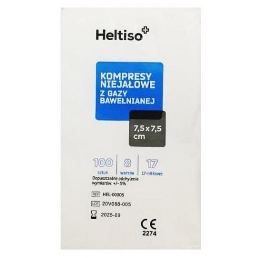 Heltiso, non-woven cotton gauze pads, 17 threads, 8 layers, 7.5 x 7.5 cm, 100 pcs - Long Life!