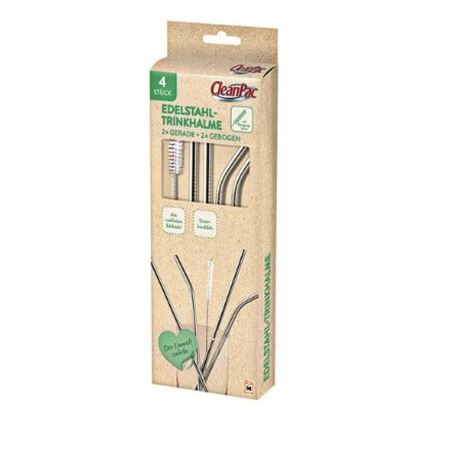 CleanPac, Sticle de băut din oțel inoxidabil + perie de curățare, 4 bucăți