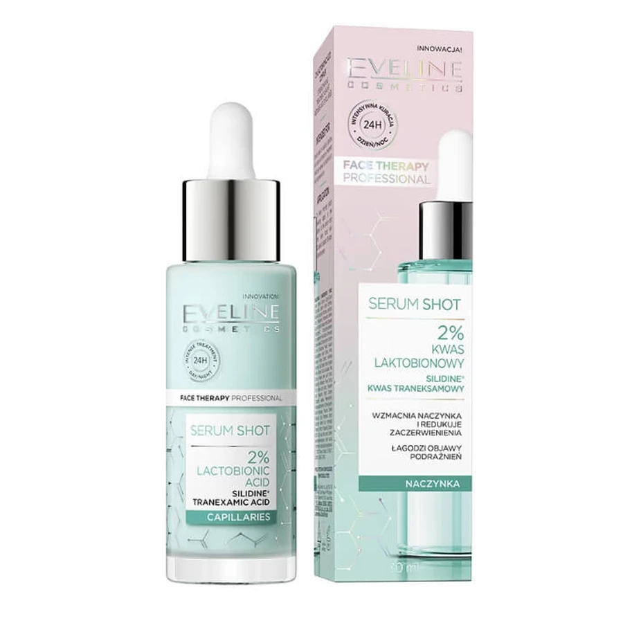 Eveline Cosmetics, Serum Shot, trattamento rassodante per arrossamenti e capillari con acido lattobionico al 2%, 30 ml