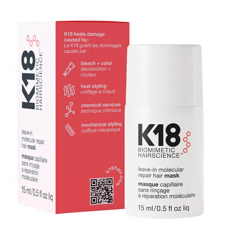 K18 No Rinse Molecular Repair Haarmasker Intensief en herstellend haarmasker, 15ml