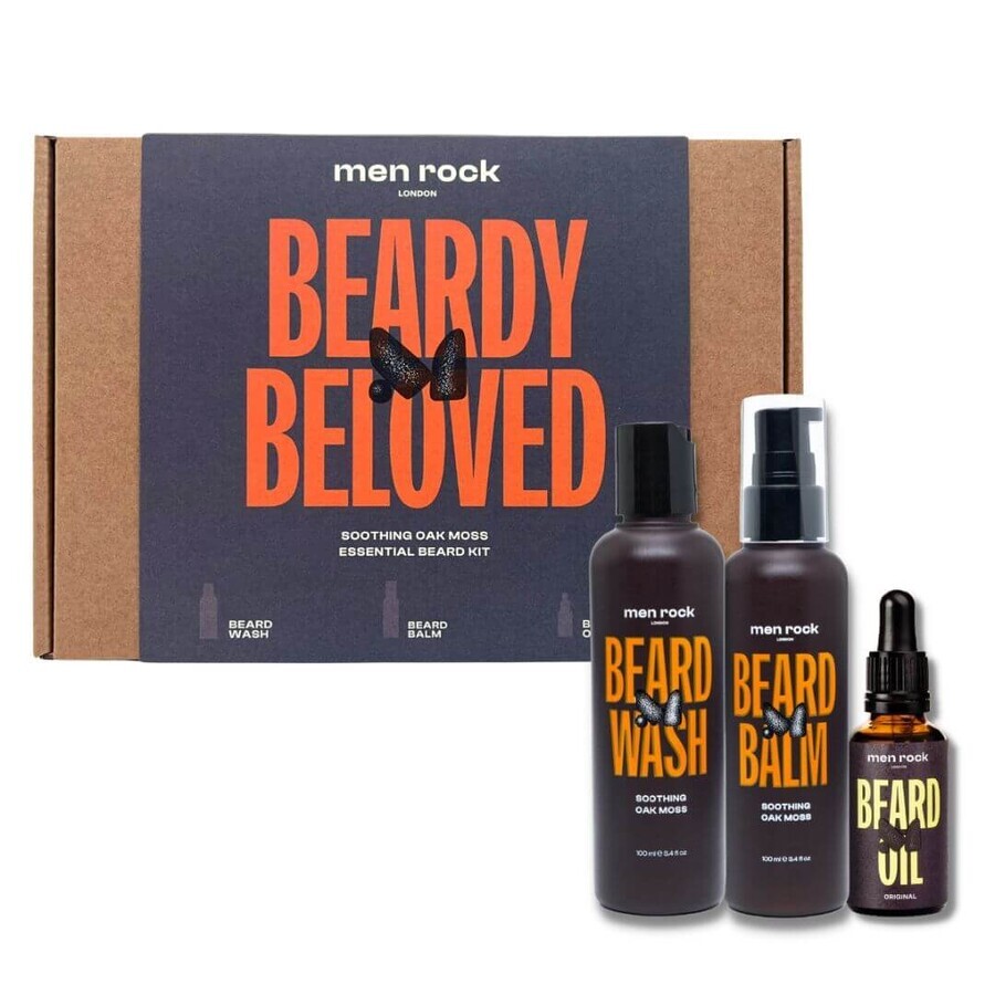 MenRock Beardy Beloved Beruhigendes Eichenmoos-Bartshampoo 100ml + Bartspülung 100ml + Bartöl 30ml