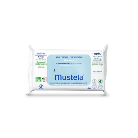 Mustela, Fazzoletti detergenti compostabili in acqua, dal giorno della nascita, 60 pezzi