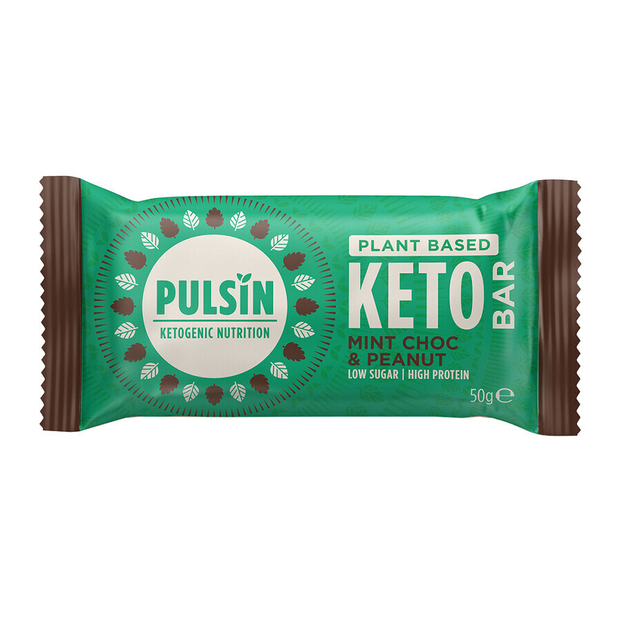 Baton ptoteic menta, cipsuri de ciocolata si arahide Keto, 50g, Pulsin