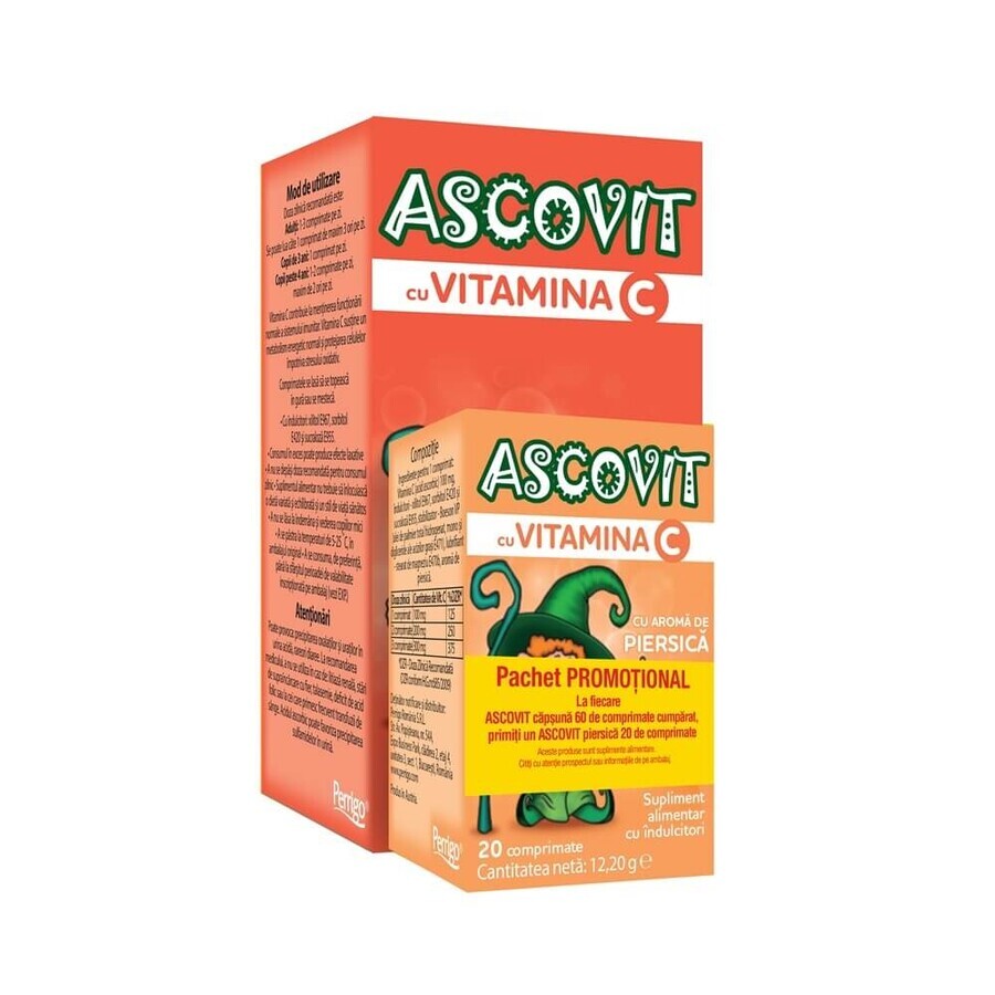 Pack Ascovit Vitamin C with strawberry arama 60 tablets + Ascovit Vitamin C with peach flavor 100 mg x 20 tablets, Perrigo