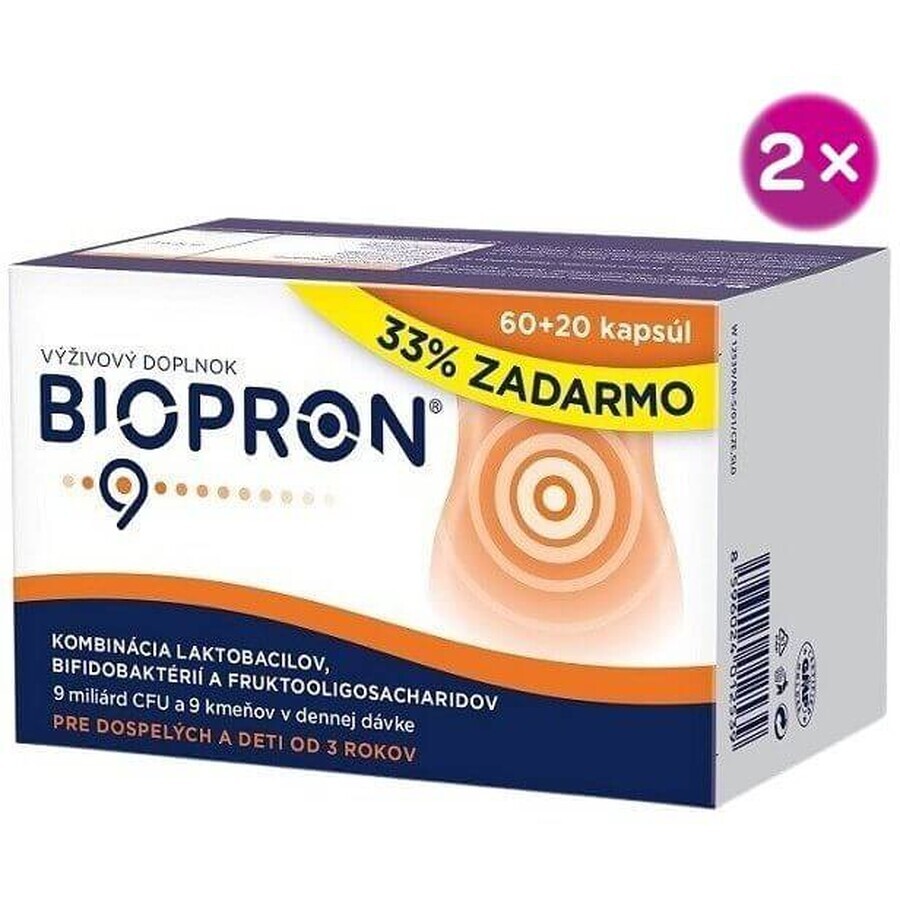 Biopron 9 Combinaison de lactobacilles, bifidobactéries et fructooligosaccharides 2 x 80 gélules