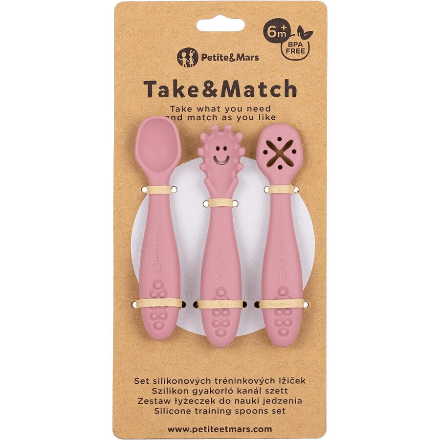 Petite&Mars Set de cuillères d'apprentissage en silicone Take&Match Dusty Rose 6m+ 3 pcs