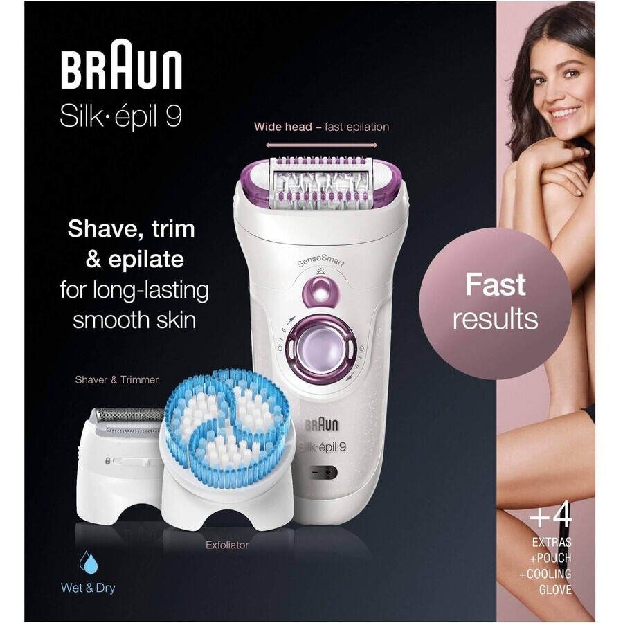 Braun Silk-épil 9, Epilator, 4 opzetstukken, etui, koelhandschoenen, 9-735