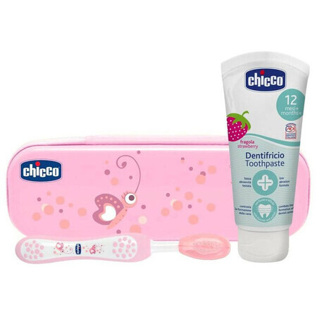 Chicco Zahnbürsten-Set mit Beutel + Zahnpasta Always Smiling rosa 12 m+