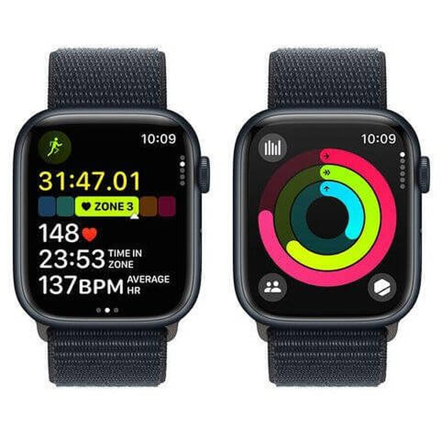 Apple Watch Series 9 GPS 45mm aluminium behuizing met sportbandje, middernacht middernacht