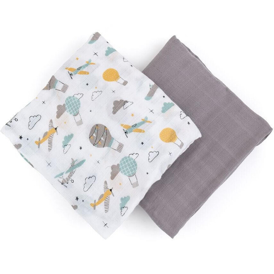 Petite&Mars Couverture en mousseline de bambou Gris brumeux Planes 2en1, 120 x 120 cm 2 pièces