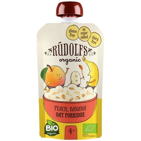 Rudolfs BIO Fruit gustare fără gluten Piersică, banană, fulgi de ovăz din cereale integrale 110 g