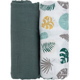 Petite&Mars Bamboe mousseline deken Misty Green Leaves 2in1, 120 x 120 cm 2 stuks