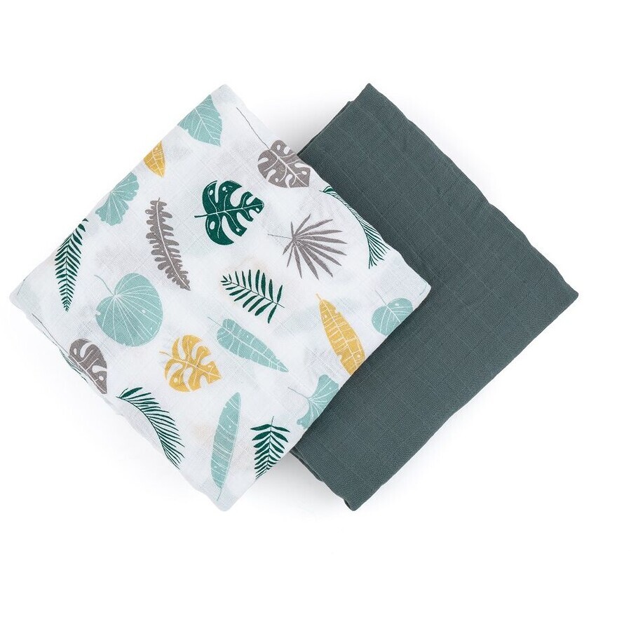 Petite&Mars Bamboo muslin blanket Misty Green Leaves 2in1, 120 x 120 cm 2 pieces