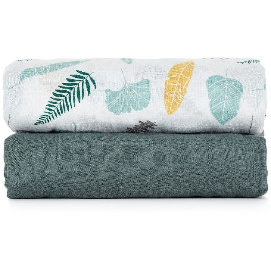 Petite&Mars Bamboo muslin blanket Misty Green Leaves 2in1, 120 x 120 cm 2 pieces