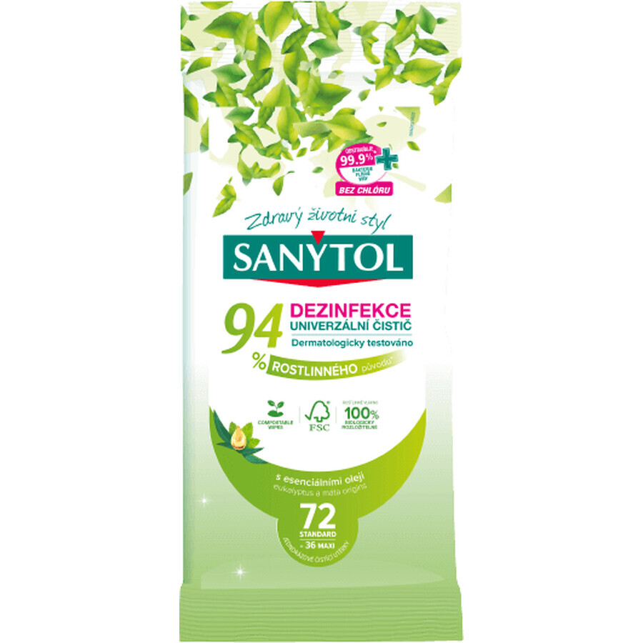 Sanytol Universal détergent désinfectant 94% d'origine végétale, lingettes 72 pcs