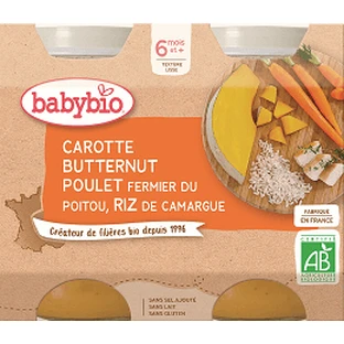 Babybio meniu morcovi cu dovleac butternut, pui și orez 2 x 200 g