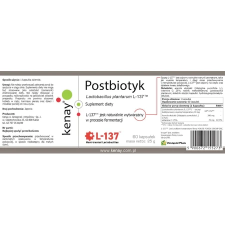 Postbioticum Lactobacillus plantarum L-137, 60 capsules Kenay