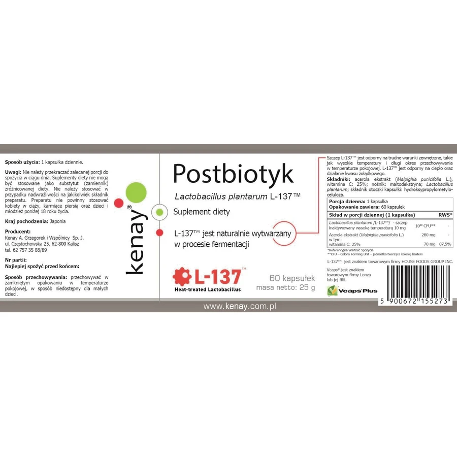 Postbioticum Lactobacillus plantarum L-137, 60 capsules Kenay