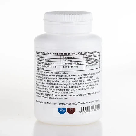 Magnesiumcitraat 125 mg met vitamine B6 (P-5-P), 100 capsules
