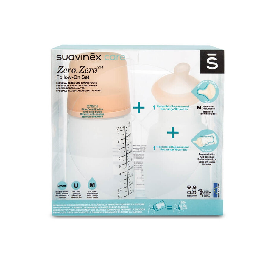 Set di biberon anticolica 270 ml + tettarella a flusso medio + astuccio in silicone, Suavinex