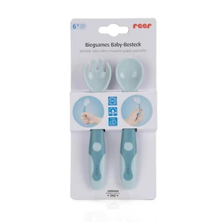 Flexibles Besteck für Babys, Löffel und Gabel, +6 Monate, Blau, Reer