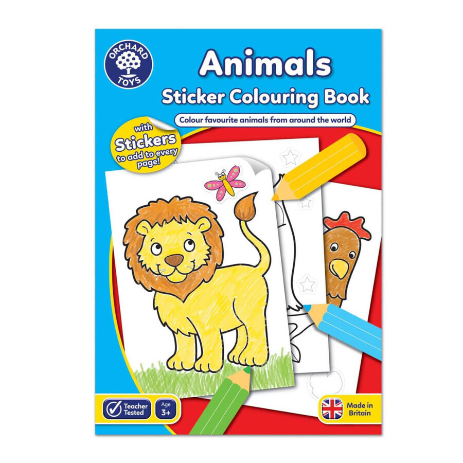 Coloring book with animal stickers and activities in English, +3 years, Orchard