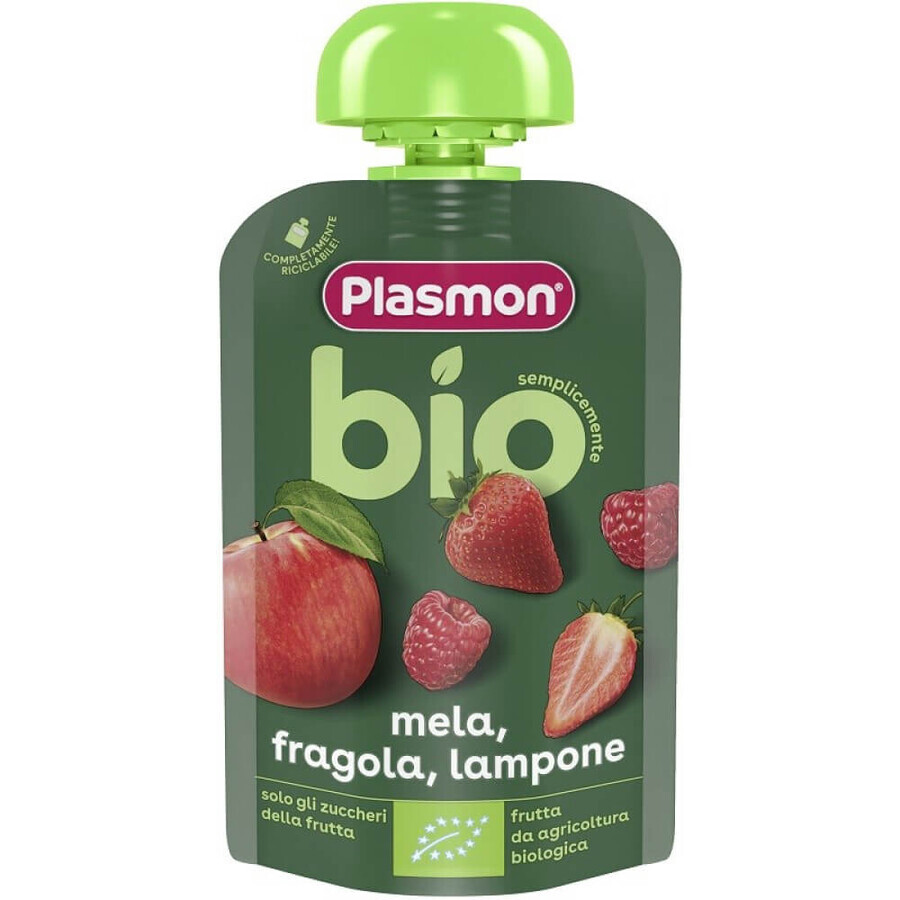 Purée de fraises, framboises et pommes bio, + 6 mois, 100 g, Plasmon