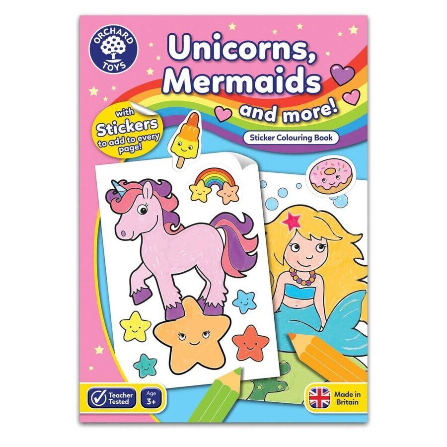 Libro para colorear con pegatinas de unicornios, sirenas y otros unicornios en inglés, +5 años, Orchard