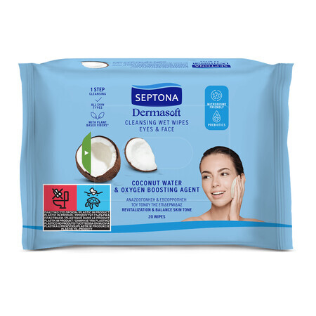 Lingettes nettoyantes Dermasoft à l'eau de coco et à l'oxygène, 20 pièces, Septona