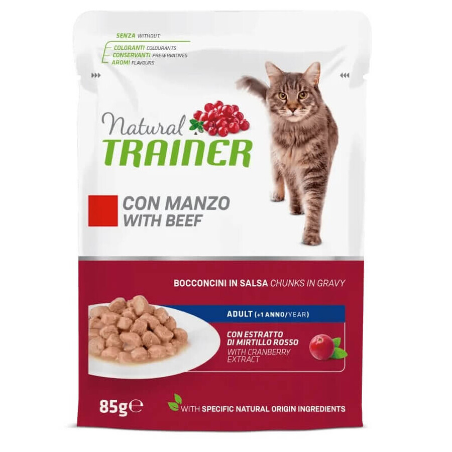 Natvoer met rundvlees voor gesteriliseerde volwassen katten, 85 g, Natural Trainer