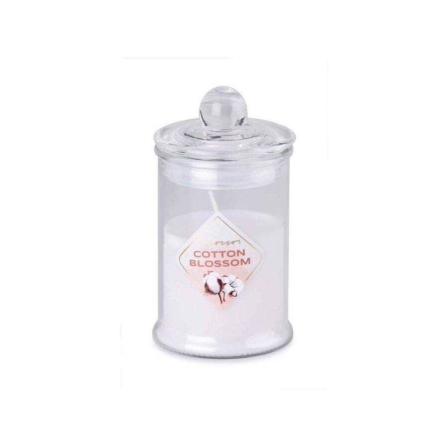 Emocio Bouteille en verre 60×112 mm avec couvercle en verre Bougie parfumée Cotton Blossom 1×1 pc, bougie parfumée