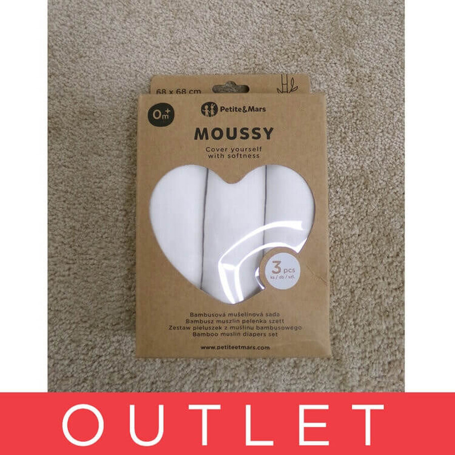 PETITE&MARS Set de Pañales de Muselina de Bambú 3pcs Moussy Total Blanco, 68 x 68 cm 1×3 pcs, set de pañales